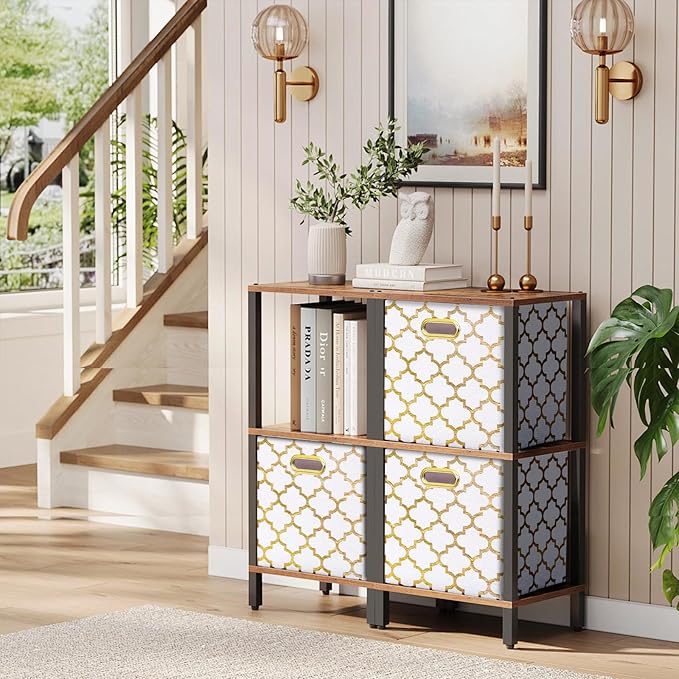 11x11x11 Cube Storage Bins, Collapsible Storage Bins Fabric Storage Cubes Organizer Baskets Box Drawers for Shelves, Closet, Wardrobe, Bookshelf, Cabinet, 3 Pack, White & Gold