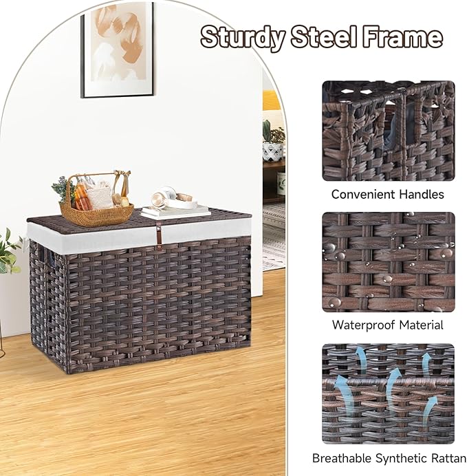 240L Wicker Storage Basket with Lid, Handwoven Rattan Large Shelf Basket with Removable Liner, 63.5 Gallon Wicker Basket for Blanket, Storage Trunk with Handle for Closet, Bedroom, Livingroom, Brown