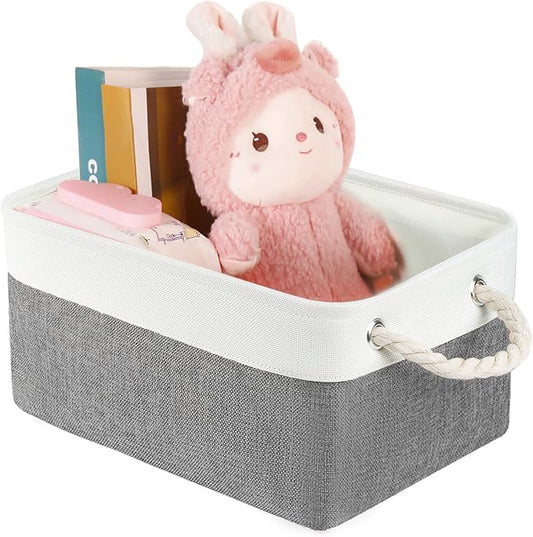 Storage Bins with Sturdy Cotton Handles(1 Pack), Fabric Storage Baskets for Organizing use for Office & Home, Book, Clothes, Toys, Closet Boxes (Small, Grey-White, 12.2x8.3x6.3 inches)