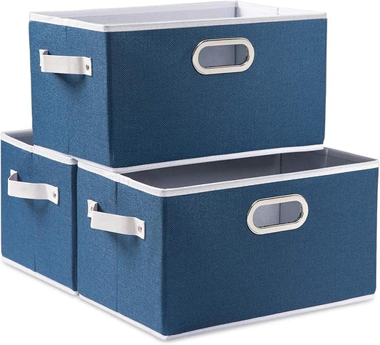 PRANDOM Large Collapsible Storage Baskets for Closet [3-pack] Decorative Fabric Storage Bins Cubes with Leather/Metal Handles for Shelves Bedroom Living Room Royal Blue (14.9x9.8x8.3 Inch)