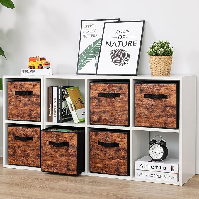 Stero Fabric Storage Cubes, 6 Pack Foldable Storage Bins with Handle, 13 Inch Box for Shelves, Closet, Organizer, Rustic Brown and Black