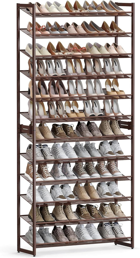 SONGMICS Shoe Rack, 12-Tier Shoe Organizer, Metal Rack for Garage, Set of 2, 6-Tier Stackable Shelf, with Adjustable Flat or Angled Shelves, Holds 48-60 Pairs, Bronze ULMR12A