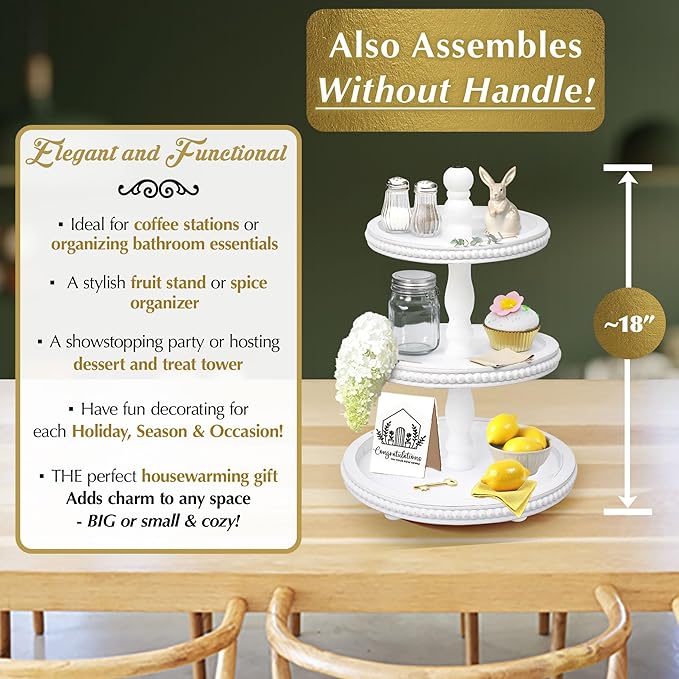 [3-in-1] Wooden Tiered Tray Stand - Beaded 3 Tiered Tray Decor Wood Cupcake Stand for Farmhouse Country Rustic Home - 3 Tier Stand [with 3 Changeable Handles] by Felt Creative Home Goods (White)
