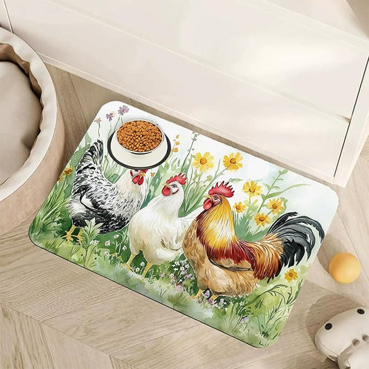 Chicken Rooster Dog Food Mat for Floors,Farm FlowerAbsorbent Pet Food and Water Bowl Mats,Non-Slip Pet Feeding Mat,Pet Supplies 12" x 20"