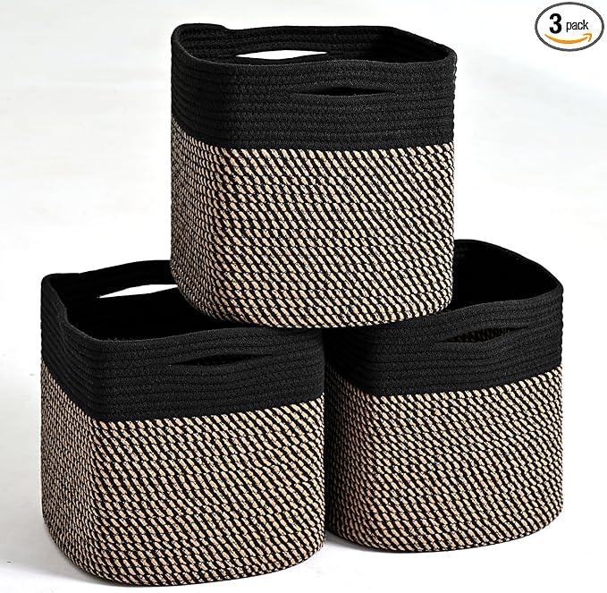 11 Inch Cube Storage Bins, Storage Cube Organizer Bins, Woven Cotton Rope Baskets for Storage, Storage Basket for Organizing Shelves, Square Baskets for Toys Nursery, Black & Jute (Pack of 3)