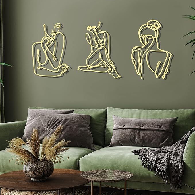 Photect 3 Pcs Metal Wall Art Decor Minimalist Abstract Woman Wall Art metal Modern Line Drawing Wall Art Decor Female Single Line Wall Home Hanging for Bedroom Bathroom Living Room, Gold (Elegant)