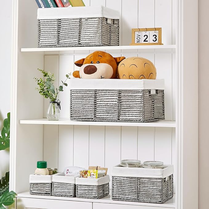 Vagusicc Wicker Storage Basket, 6 Pack Baskets for Organizing, Wicker Baskets with Handle, Rectangular Wicke Basket for Storage Shelves, Cube Storage Bins for Closet/Clothes/Dresser, Grey