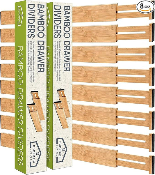 Homemaid Living Bamboo Drawer Dividers Adjustable & Expandable, Kitchen Drawer Organizer, Ideal for Silverware, Dresser Drawers Organizer or Bedroom & Bathroom Drawers Organizers (8pk)