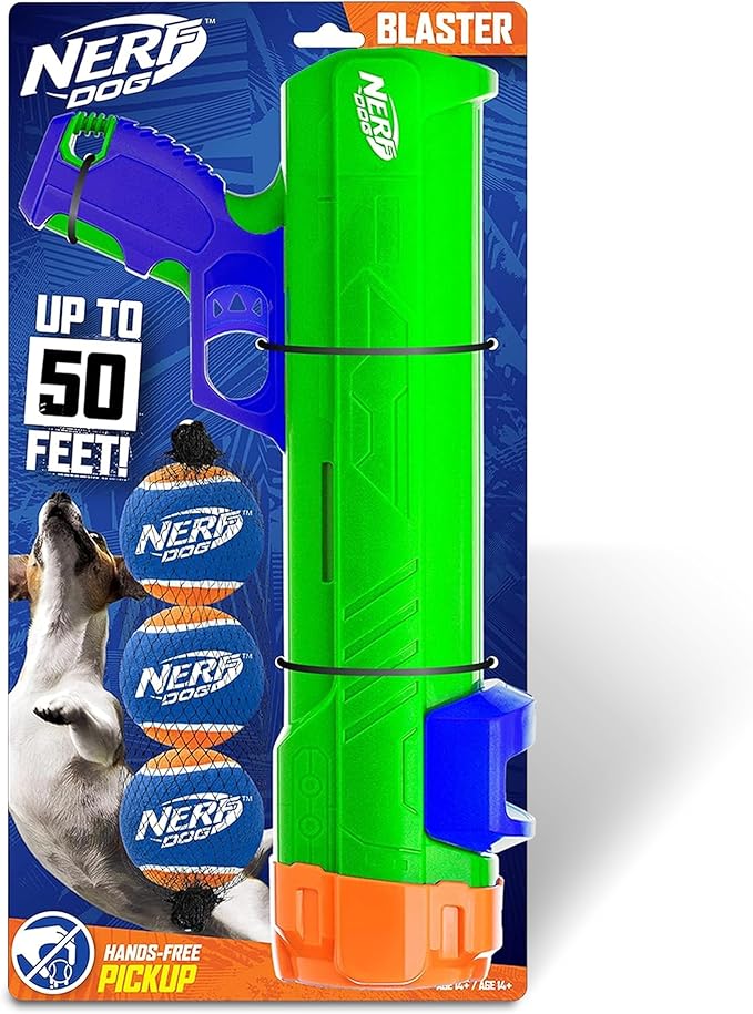 Nerf Dog Tennis Ball Blaster Dog Toy Gift Set, Tennis Ball Dog Fetch Toy Launches up to 50 ft, Dog Ball Thrower for All Breeds Includes Green Tennis Ball Launcher and 3 Dog Tennis Balls