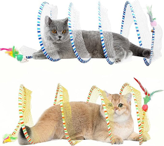 2-Pack Large Cat Tunnel Beds - Indoor & Outdoor,Kitten Collapsible Spring Tunnel Toy with Feather and Bell,Interactive Spring Toys for Cats & Kittens（Yellow and Blue）
