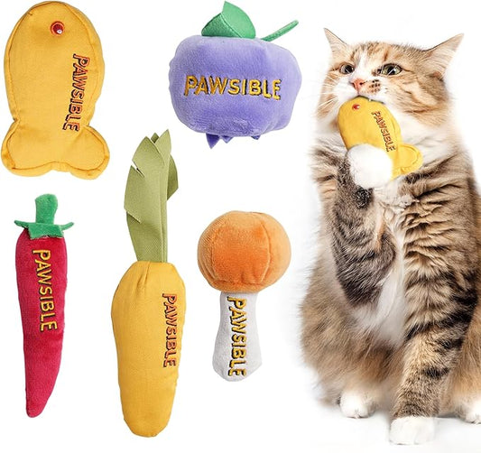 5 Pack Catnip Toys for Indoor Cats - 100% Organic Catnip Filled, No Cotton, Durable Teething Kicker Toys for Kittens, Food-Shaped Plush Chew Toys