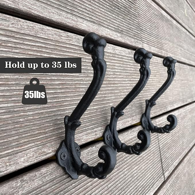 4 Pack Cast Iron Wall Hooks Antique Vintage Rustic Farmhouse Coat Hooks, Great for Coats, Bags, Towels, Hats, Mounting Screws Included