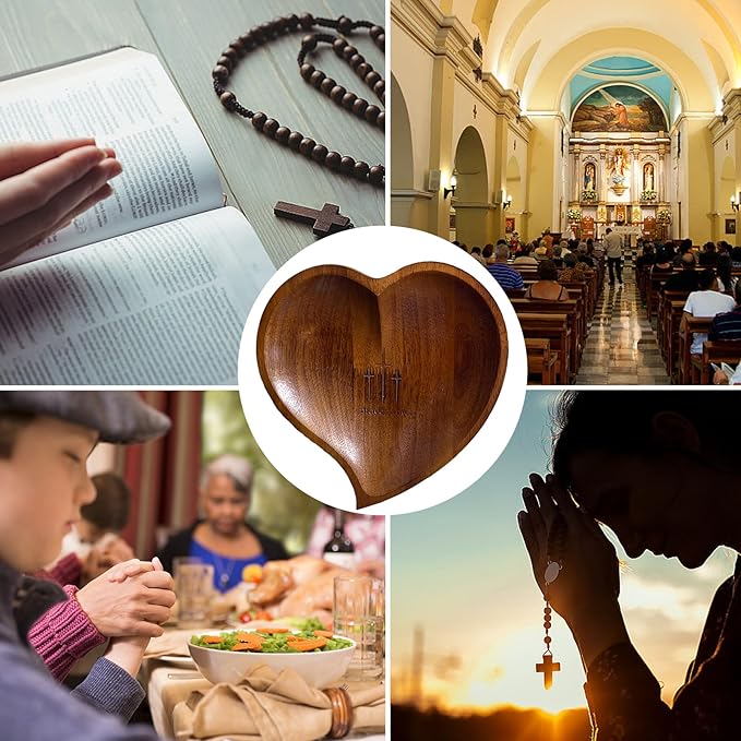 Heart Prayer Bowl Wooden with 24 Prayer Cards, Christian Congregation Religious Prayer Gifts (Retro colors)