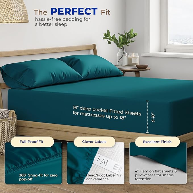 THREAD SPREAD 100% Egyptian Cotton Sheets California King Size - 600 Thread Count 4 PC Luxury Sheets Cal King Size, Soft, Cooling Hotel Luxury Bed Sheets & Pillowcases, Fits Mattress Upto 18" - Teal