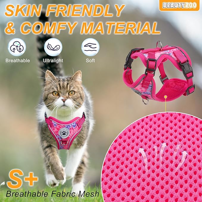 BEAUTYZOO Escape Proof Cat Harness and Leash for Walking, Soft Adjustable Cute Vest for Small to Large Cats, Reflective Breathable Easy-Control Outdoor Jacket, Kitten Harness and Leash Set, Rose, M