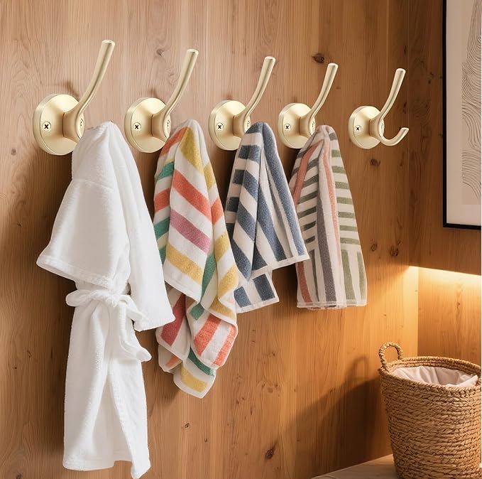 Gold Wall Hooks, 5 Pack Coat Robe Hook Heavy Duty Metal Double Bath Hook Wall Mounted, Hand Towel Hooks for Cubicle Bathroom Kitchen Closet Garage