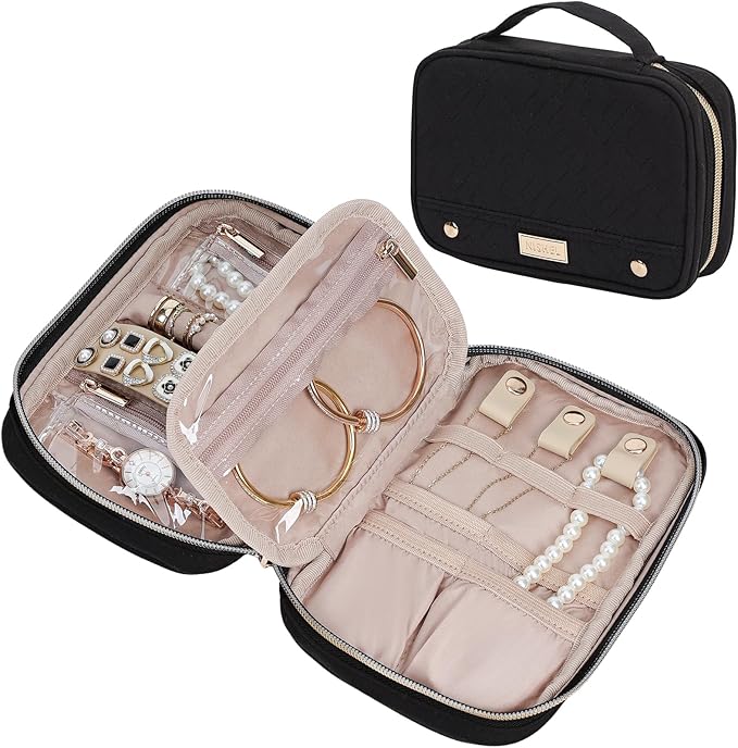 NISHEL Travel Jewelry Case, Holiday Organizer for Necklaces, Earrings, Rings, Bracelets, Watch,Small,Black