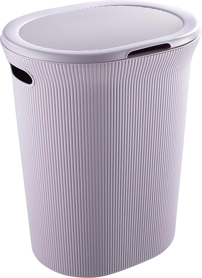 Superio Ribbed Collection - Decorative Plastic Laundry Basket & Laundry Hamper with Lid and Cut-Out Handles, Lilac (Set of 2) Organzier for Bedroom Bathroom College Dorm Room