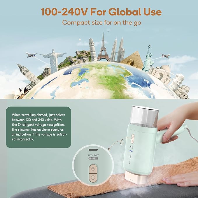 Newbealer Dual Voltage Travel Steamer - 120V/220V Handheld Steamer for Clothes, 1200W Horizontal & Vertical Steaming, 20s Heat-up, Foldable, 180ml Garment Wrinkle Remover (Green)
