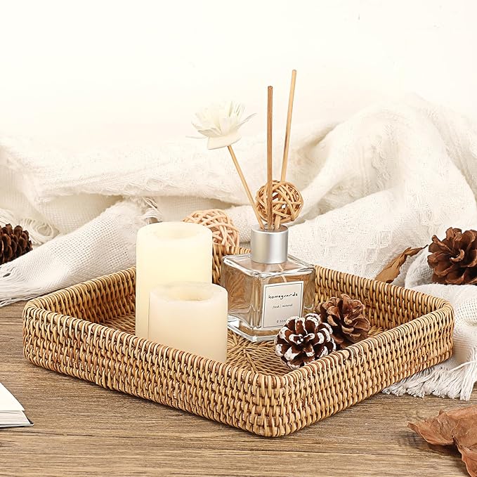 Hipiwe Key Basket Tray for Entryway Table Rattan Serving Tray Handwoven Wicker Baskets Vanity Trays Square Decorative Fruit Trays for Kitchen Counter Bedside Living Room Bathroom, 8.1"