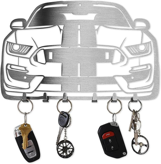 MOOH Key Holder for Wall - Metal Automotive Key Holder With 6 Hooks - Unique Car Gift for Men, Women, Car Lovers & Enthusiasts - Cool Man Cave Decor (Ford Mustang 2021, Stainless Steel)