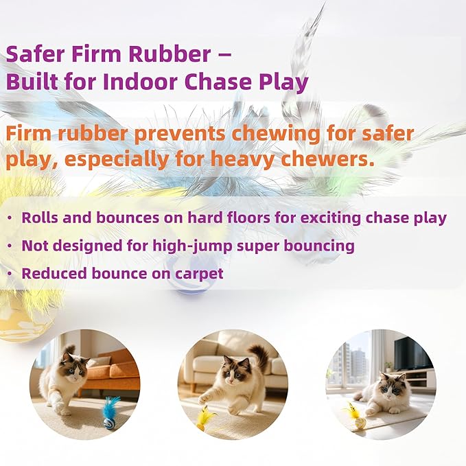 Feather Chase & Fetch Balls for Indoor Cats – 5 Pack Durable Rubber Cat Toys with Natural Feathers, Interactive Exercise & Hunting Play, Bouncy Balls for Active Kittens and Adult Cats