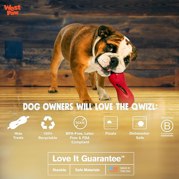 WEST PAW Zogoflex Qwizl Dog Puzzle Treat Toy – Interactive Chew Toy for Dogs – Dispenses Pet Treats – Brightly-Colored Dog Enrichment Toy for Aggressive Chewers, Fetch, Catch, Small 5.5", Ruby