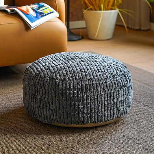 Unstuffed Pouf Ottoman Cover Soft Storage Extra Seat Farmhouse Comfortable Bohemian Poufs Accent Footrest 20x20x8 Inches for Living Room Bedroom Study Nook (Gray A, Round)