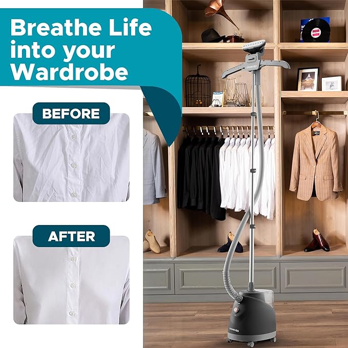 Steam & Go - The Rival Handheld Steamer - Upright Fabric Steamer for Clothes, Garments, Curtains, Bedding & Upholstery - Quick-Heating Foldable Steam Iron with Adjustable Pole Hanger & Detachable Tank