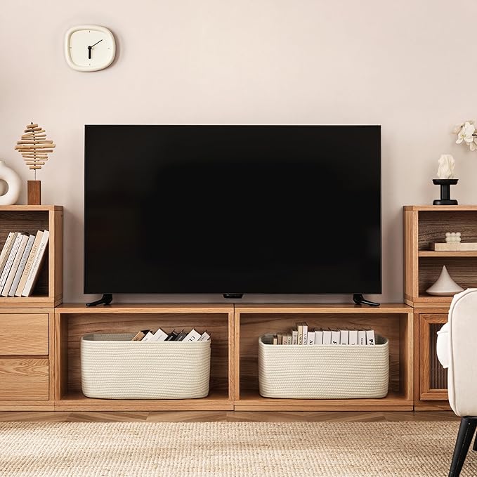 UBBCARE 2 Pack Large Woven Storage Baskets for Organizing, Clothes/Towel/Sweater Organizer for Closet, Storage Baskets Bins for Shelves, Blanket Basket, 17''Lx13''Wx7.5''H, Beige