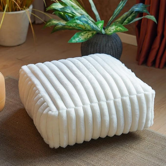 Unstuffed Pouf Ottoman Cover Soft Storage Extra Seat Farmhouse Comfortable Bohemian Poufs Accent Footrest 20x20x8 Inches for Living Room Bedroom Study Nook (White, Square)