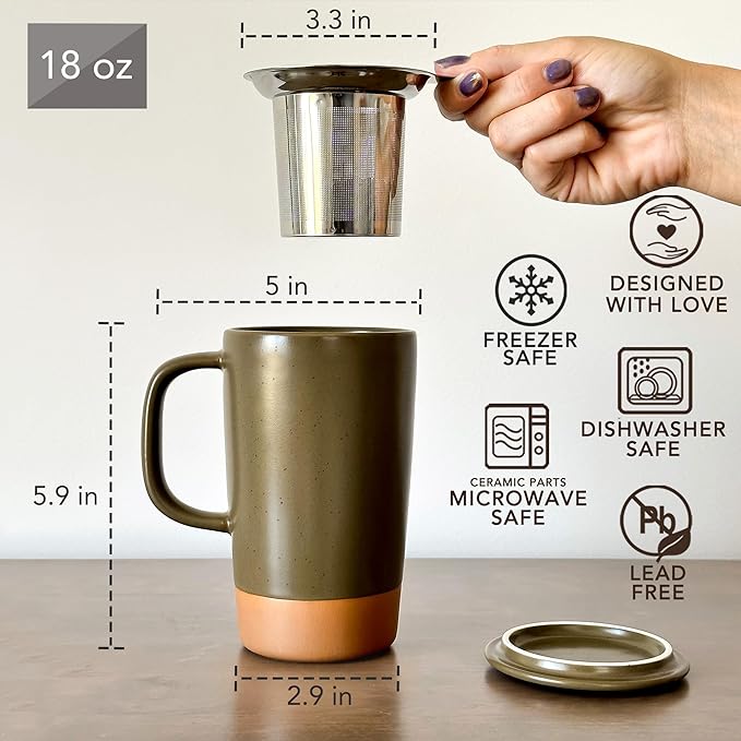 Mora Ceramics Large Tea Mug with Loose Leaf Infuser and Ceramic Lid, 18 oz, Portable, Microwave and Dishwasher Safe, Tall Coffee Cup - Rustic Matte Ceramic Glaze, Modern Herbal Tea Strainer, Olive
