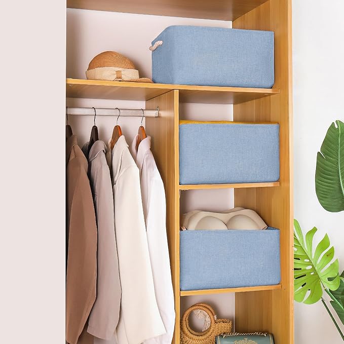 Storage Bins with Sturdy Cotton Handles(3 Pack), Fabric Storage Baskets for Organizing use for Office & Home, Book, Clothes, Toys, Closet Boxes (Small, Blue, 12.2x8.3x6.3 inches)