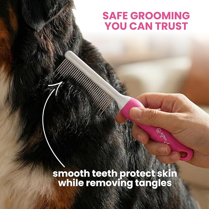 Poodle Pet Detangling Pet Comb with Long & Short Stainless Steel Teeth for Removing Matted Fur, Knots & Tangles – Detangler Tool Accessories for Safe & Gentle DIY Dog & Cat Grooming (Pink)