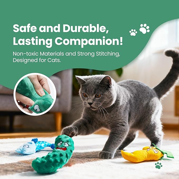 Catnip Toys Set of 3 – Fish, Chili Pepper and Cucumber Plush Cat Toys for Indoor Cats, Natural Catnip Filled Interactive Chew and Teething Toys for Kittens