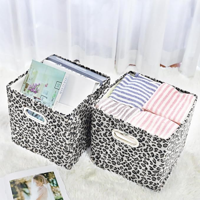 ANMINY 8PCS Storage Cubes Leopard Cheetah Print Velvet Fabric Storage Bins for Shelves, Collapsible Washable Closet Storage Baskets Boxes with Handles for Organizing and Storage -Gray, 11"x 11"x 11"