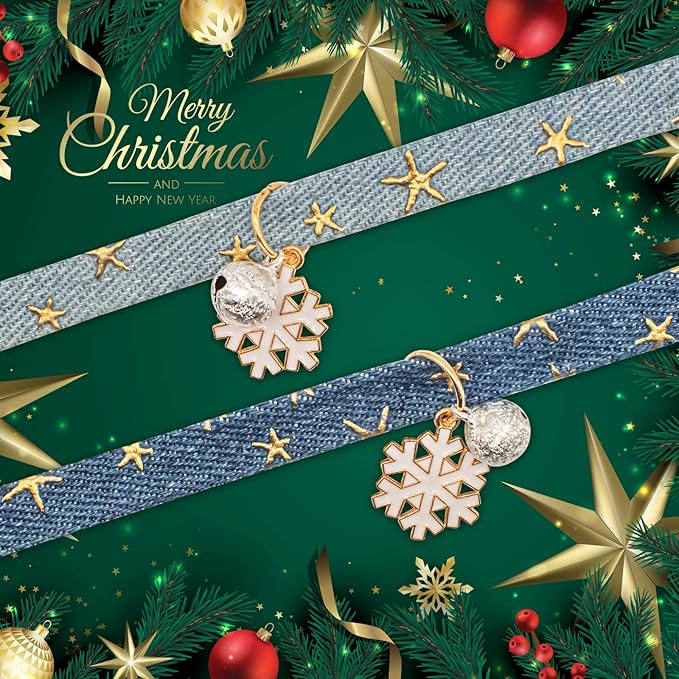 2 Pack Cotton Breakaway Cat Collar with Bell Dark Blue & Light Blue White Snowflake Pendant Cute Kitten Cat Collar Suitable for Girls and Boys