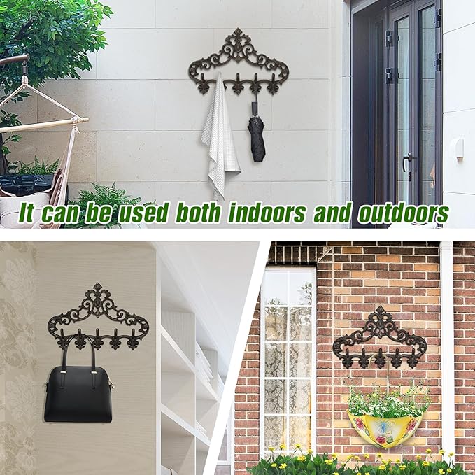 Sungmor Cast Iron Rustic Coat Hook Hanger with 5 Hooks - Practical Iron Storage Organizer/Wall Hooks Hanging Rack - Pretty Pattern Charming Wall Decor for Keys Clothes Hats