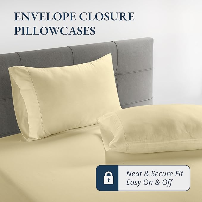 LANE LINEN Twin XL Fitted Sheet, 100% Organic Cotton 2-Piece Set (1 Fitted Sheet, 1 Pillowcase), Percale Weave, Bottom Sheet, Soft, Breathable, Fits Mattress Upto 15" Deep - Vanilla (No Flat Sheet)