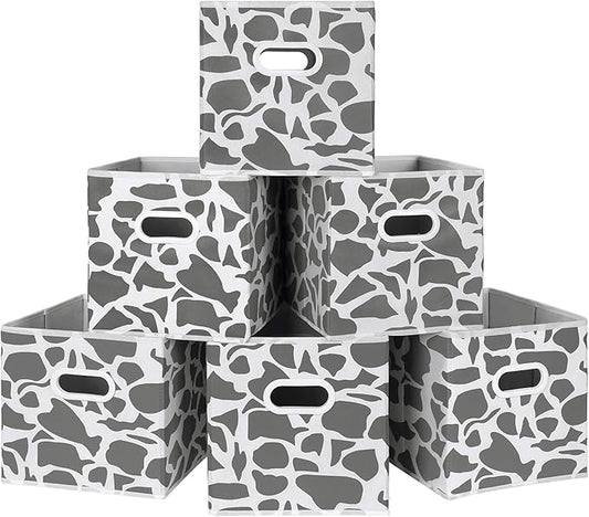 MAX Houser Fabric Storage Bins Cubes Baskets Containers with Dual Plastic Handles for Home Closet Bedroom Drawers Organizers, Flodable, Set of 6 (Grey1)
