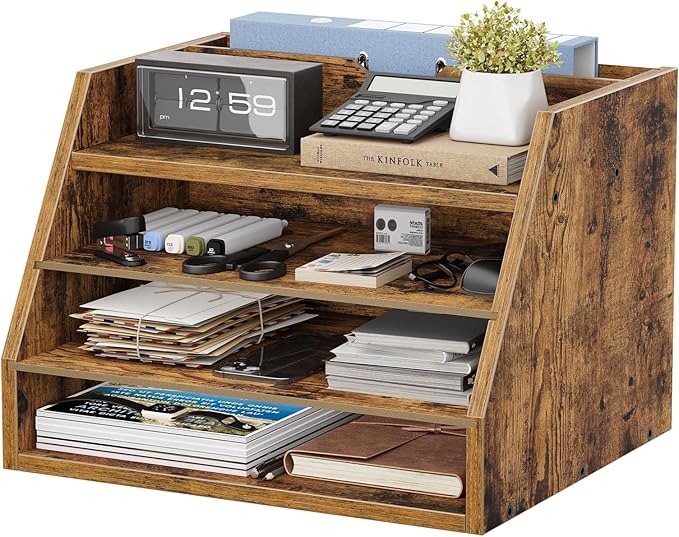 4-Tier Desk Organizer with File Holder, Wooden Desktop Organizer for Papers, Folders & Office Supplies, Space Saving Letter Tray Mail Organizer for Home Office School Accessories, Rustic Brown