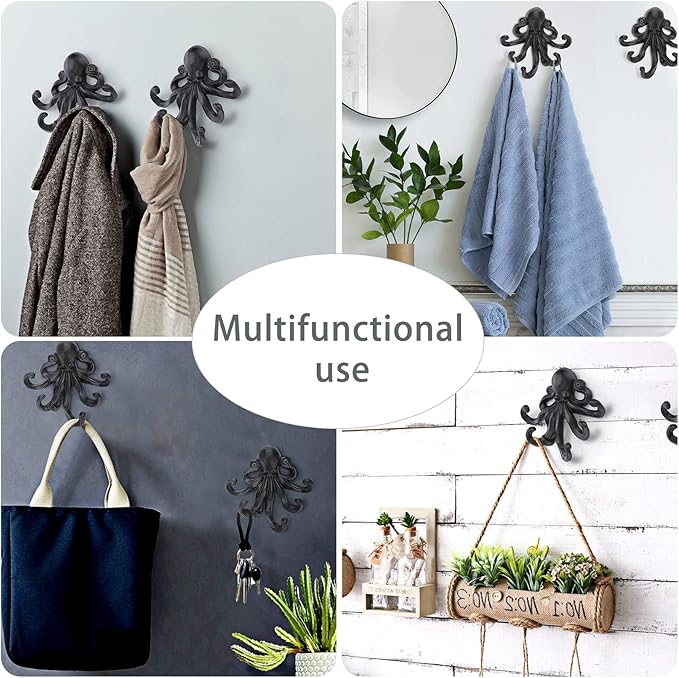 Sumnacon 6 Inch Cast Iron Octopus Coat Hook - Rustic Metal Wall Rack for Key Towel Bag, Hat Scarf with Screws, Decorative Duty Clothing Hanger for Bedroom Bathroom Kitchen Balcony Entry Door, Black
