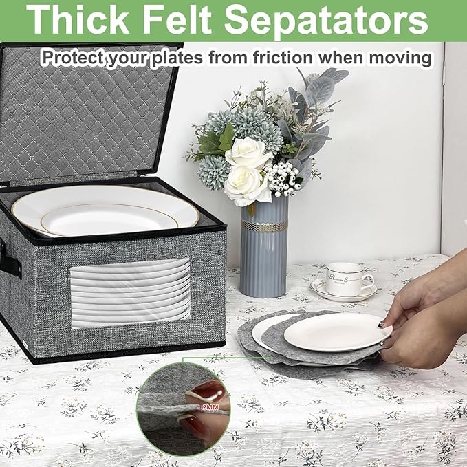 China Storage Containers, 12 Inch Dish Dinner Plate Storage Containers, Hard Shell Quilted Dinnerware Storage Box Case with Lids and Felt Protectors for Dishes Plates Storage and Moving (Dark Grey)