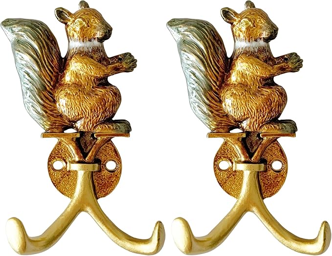 Vintage Squirrel Shaped Decorative Wall Hooks Rack Hangers for Hanging Clothes Coats Towels Keys Hats, 2 Pack Antique Metal Mounted Wall Hook