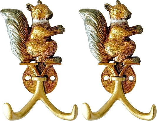 Vintage Squirrel Shaped Decorative Wall Hooks Rack Hangers for Hanging Clothes Coats Towels Keys Hats, 2 Pack Antique Metal Mounted Wall Hook