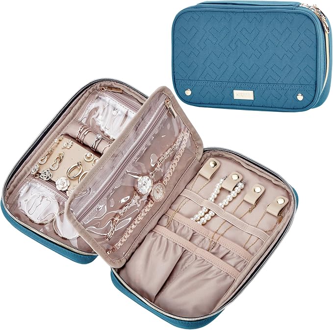 NISHEL Travel Jewelry Case, Holiday Organizer for Necklaces, Earrings, Rings, Bracelets, Watch, Lake-Blue