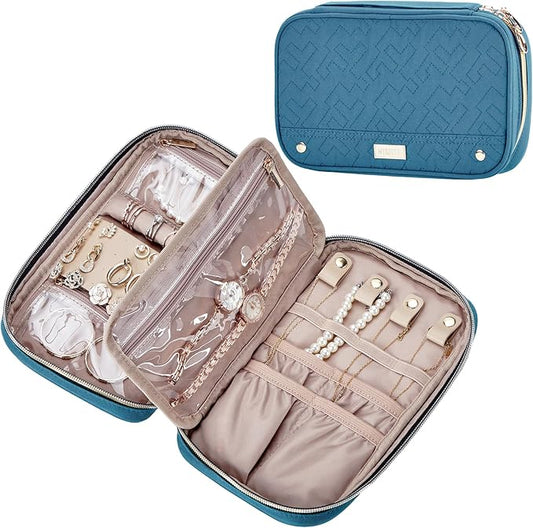 NISHEL Travel Jewelry Case, Holiday Organizer for Necklaces, Earrings, Rings, Bracelets, Watch, Lake-Blue