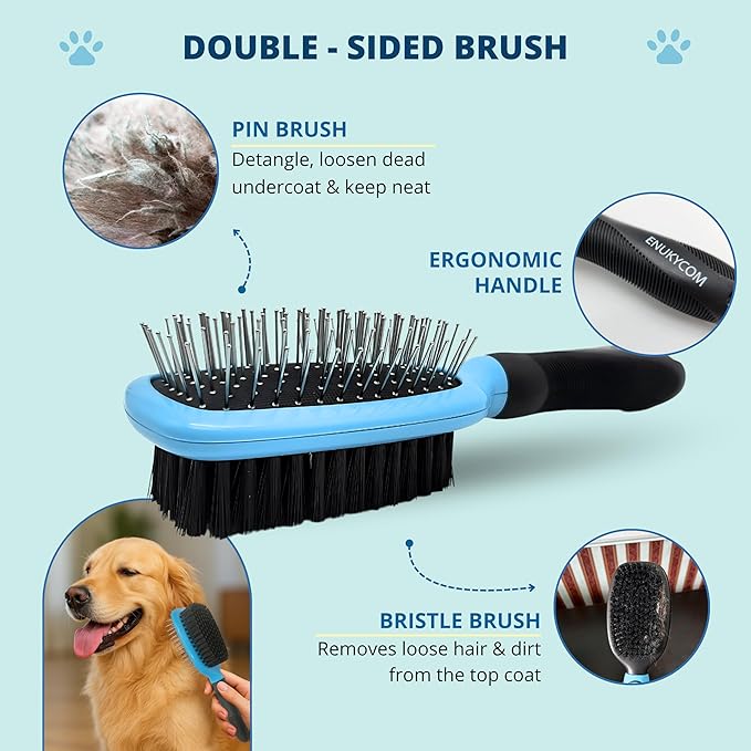 Double-Sided Pet Dog Cat Brush for Detangling Deshedding & Removing Small Mats plus Rubber Dog Bath Brush for Grooming, Shedding, Massage & Skin Care Brush - Best Pet Detangler Brushes