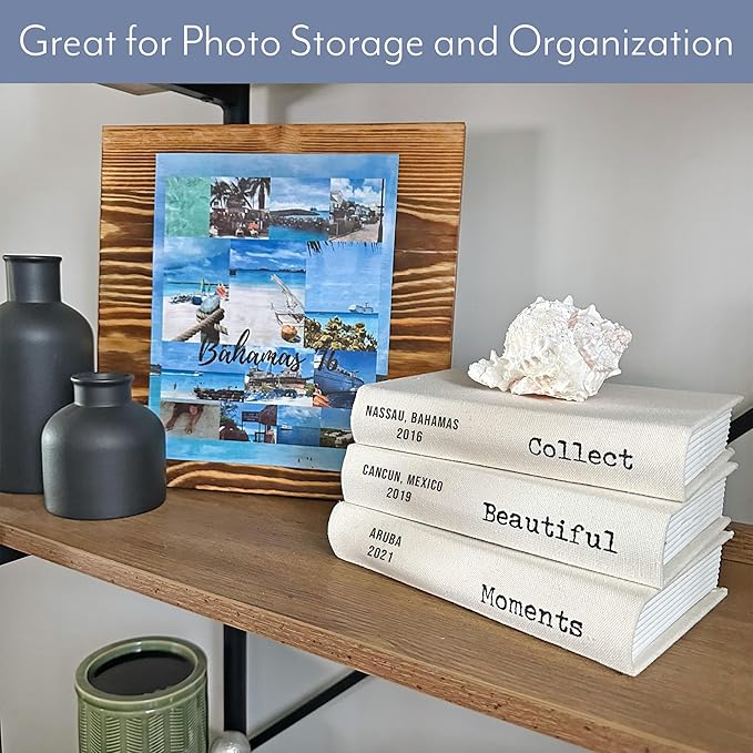 AuldHome Design Faux Book Stack: Collect Beautiful Moments Decorative Book Set w/Burlap Ribbon Wrap