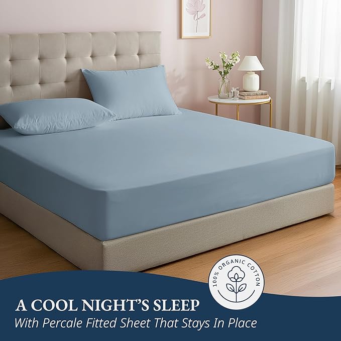 LANE LINEN Twin XL Fitted Sheet - 100% Organic Cotton 2 Pc Set (1 Fitted Sheet, 1 Pillowcase), Percale Weave, Lightweight, Soft, Breathable, Fits Mattress Upto 15" Deep - French Blue (No Flat Sheet)